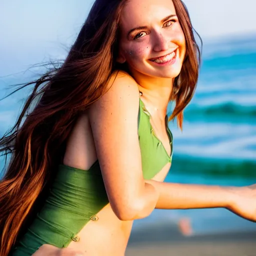 Prompt: A cute and beautiful young woman with long shiny bronze brown hair and green eyes, cute freckles, smug smile, golden hour, beach background, medium shot, mid-shot,