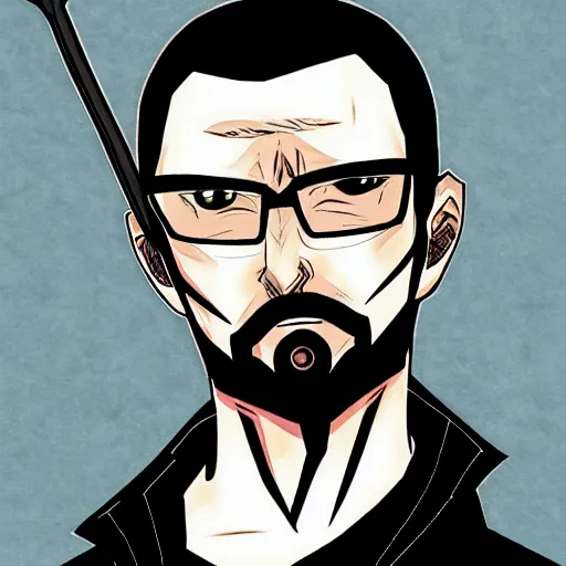 Image similar to Gordon Freeman of Half-Life 2 in the style of JoJo’s Bizarre Adventure, manga art, high-resolution scan