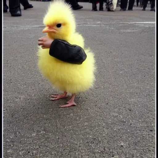 Image similar to cute baby chick dressed as a jail prisioner