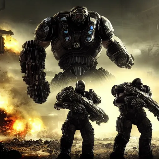 Image similar to killer robots in gears of war, splash art, movie still, cinematic lighting, ray tracing, octane render, long lens, shallow depth of field, bokeh, anamorphic lens flare, 8 k, hyper detailed, 3 5 mm film grain