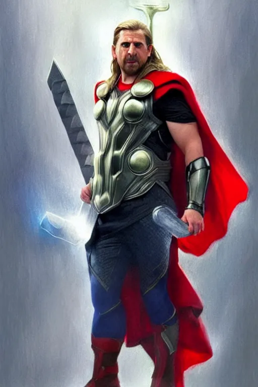 Prompt: Michael Scott as Thor, Thor costume, Michael Scott hairstyle, Thor body type, Michael Scott Face, calm, grumpy, portrait, masculine figure, highly detailed, digital painting, artstation, concept art, smooth, sharp focus, illustration, cinematic lighting, art by artgerm and greg rutkowski and alphonse mucha