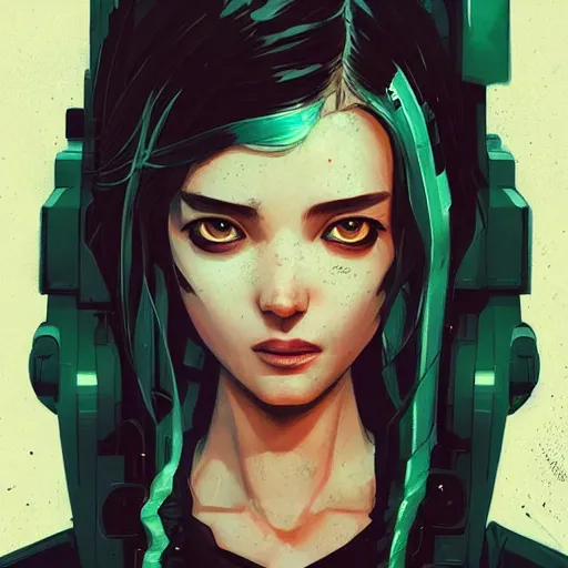 Prompt: Highly detailed portrait of a cyberpunk young lady with, freckles and wavy hair by Atey Ghailan, by Loish, by Bryan Lee O'Malley, by Cliff Chiang, by Greg Rutkowski, inspired by image comics, inspired by graphic novel cover art, inspired by nier!! Synthwave color scheme ((grafitti tag brick wall background)), trending on artstation