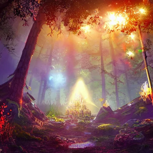 Image similar to Alien temple in a forest, light rays, colorful, fantasy sparkling magic fires, particles, exploration, incredible detail, professional composition, digital art, 4K