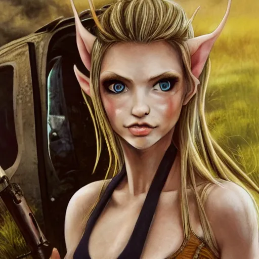 Image similar to close up headshot of a skinny female high-fantasy elf with a long face narrow chin and short spiky blonde hair wearing dark brown overalls and holding a bomb next to a destroyed car, gel spiked blond hair, small ears, narrow lips, high resolution film still, HDR color, painting by artgerm