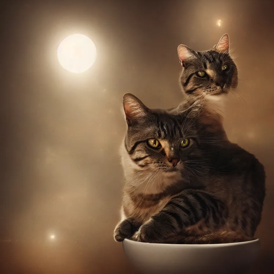 Prompt: an photo of a cat swimming in a bowl of milk, moody lighting, lens flare, atmosphere, glow, detailed, intricate, full of colour, cinematic lighting, trending on artstation, 4 k, hyperrealistic, focused, extreme details, unreal engine 5, cinematic, masterpiece