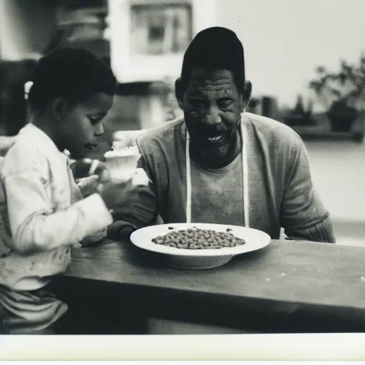 Image similar to polaroid photograph of morgan freeman eating lentils while watching a child play crash bandicoot