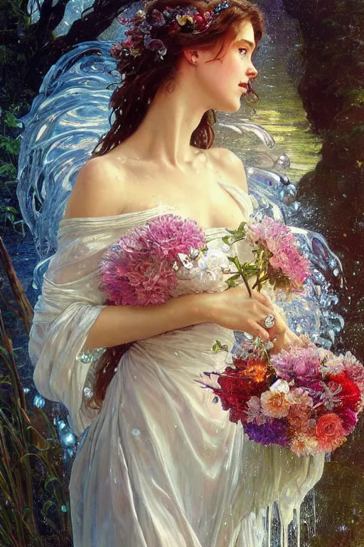 Image similar to portrait of a beautiful woman wearing a white dress, holding a bouquet of flowing flowers, drenched body, wet dripping hair, emerging from the water, fantasy, regal, fractal crystal, fractal gems, by stanley artgerm lau, thomas kindkade, alphonse mucha, loish, norman rockwell