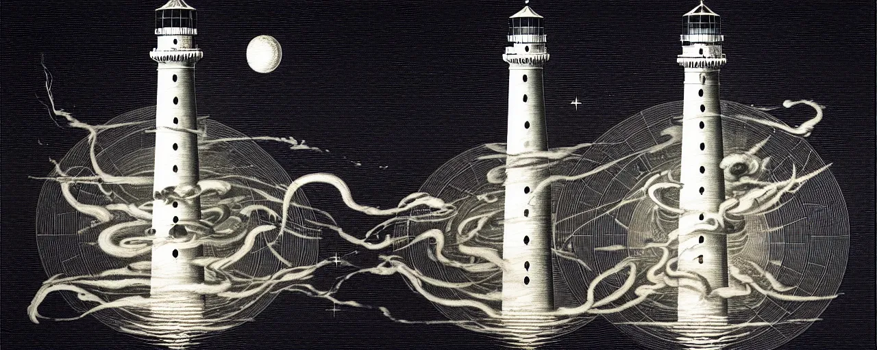 Image similar to an epic lighthouse radiates a unique canto'as above so below'while being ignited by the spirit of haeckel and robert fludd, breakthrough is iminent, glory be to the magic within, in honor of saturn, painted by ronny khalil