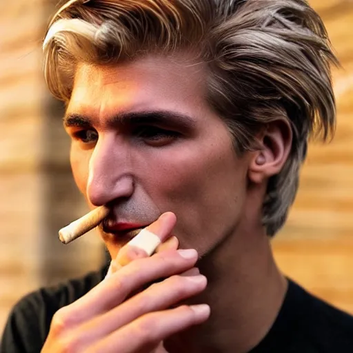 Image similar to a closeup photo of handsome gigachad xqc smoking a cigar