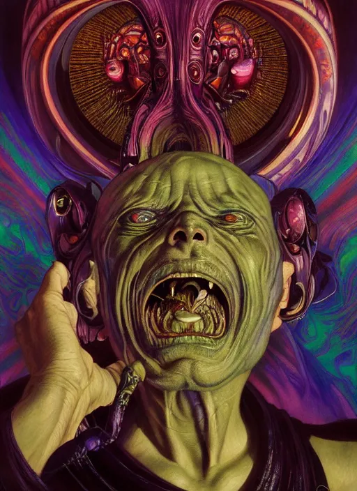 Image similar to masterpiece portrait of an screaming alien priest, surrounded by chromatic liquid swirls, psychedelic, dramatic lighting, h. r. giger, greg rutkowski, alphonse mucha, artgerm, donato giancola, tom bagshaw, trending on cgsociety, octane render, 8 k