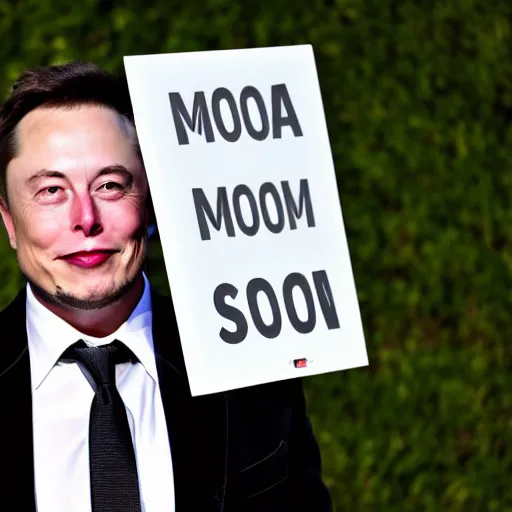 Image similar to a medium shot photograph of elon musk holding a sign with the word soon soon soon soon on it, 4k, ultra HD