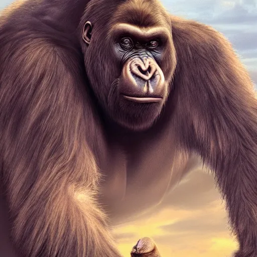 Image similar to walrus hugs gorilla, clouds in background, artstation, award - winning, concept art, serene,