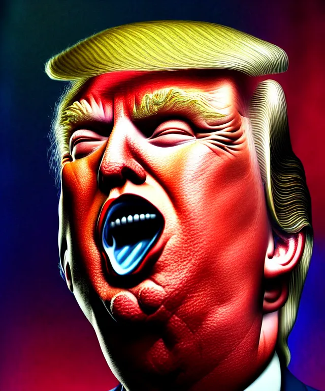 Image similar to hyperrealistic mixed media painting of Donald Trump as a crazy rock star, dimly lit arena, stunning 3d render inspired art by P. Craig Russell and Barry Windsor-Smith + perfect facial symmetry + dim volumetric lighting, 8k octane beautifully detailed render, post-processing, extremely hyperdetailed, intricate, epic composition, grim yet sparkling atmosphere, cinematic lighting + masterpiece, trending on artstation, very very detailed, masterpiece, stunning