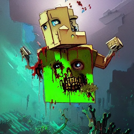 Image similar to painting by greg rutkowski of a minecraft drowned zombie with glowing cyan eyes, wearing ragged clothing and and algae growing on it, holding a trident, underwater