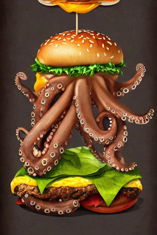 Image similar to fine art illustration of a an octopus inside a cheeseburger, poster, highly detailed, 8 k, vintage, trending on artstation