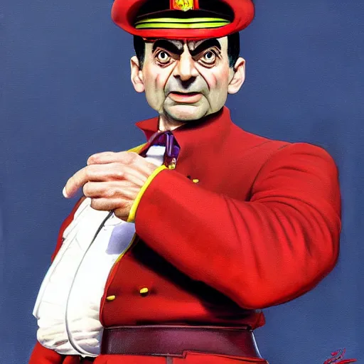 Image similar to ultra realistic painting of mr bean as m. bison from street fighter, art by frank frazetta, 4 k, ultra realistic, highly detailed, epic lighting