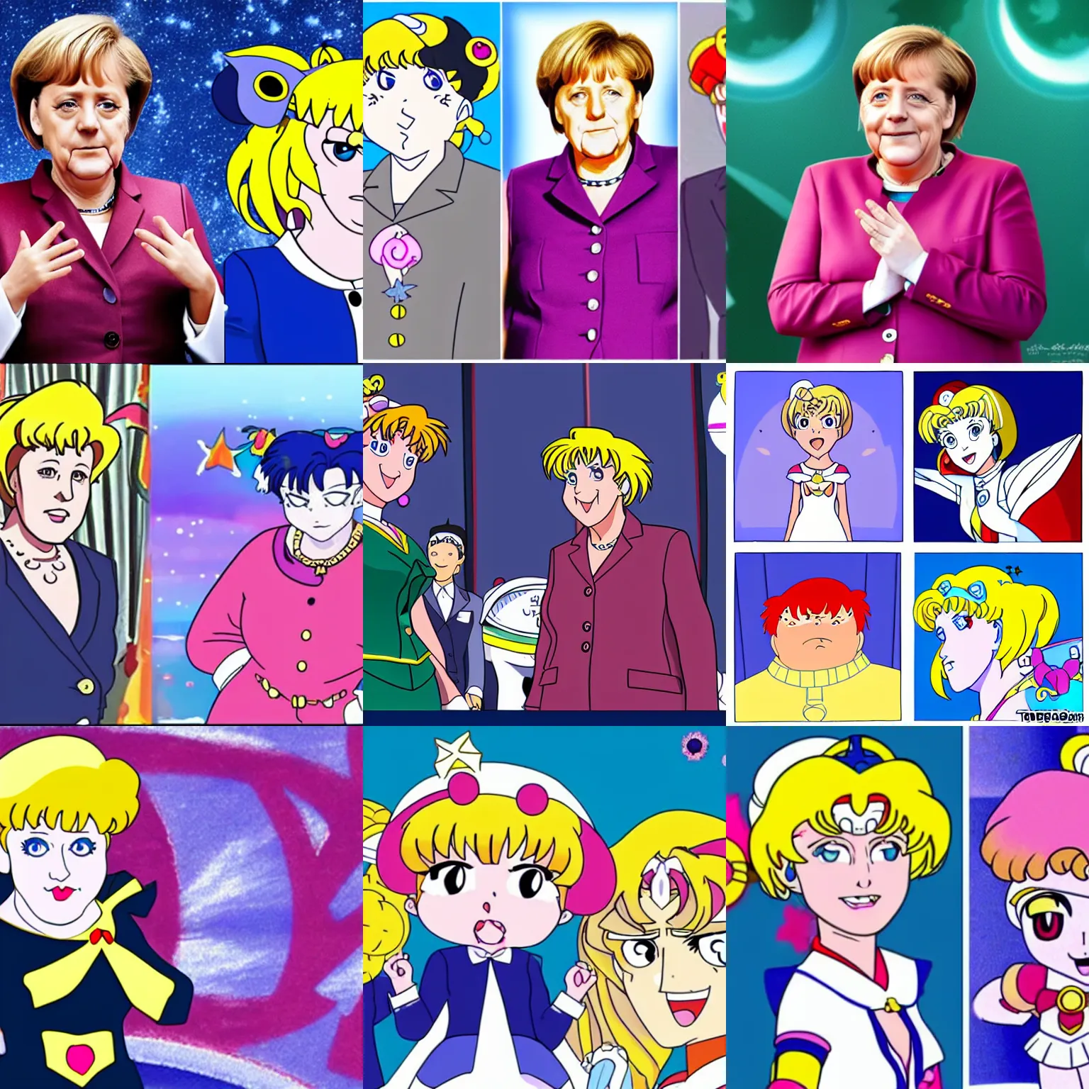 Prompt: Angela Merkel as sailor moon by Toei Animation