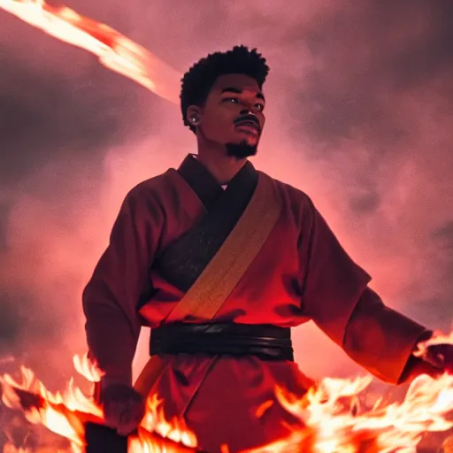 Image similar to cinematic film still of Chance The Rapper starring as a Samurai holding fire, Japanese CGI, VFX, 2022, 40mm lens, shallow depth of field, film photography