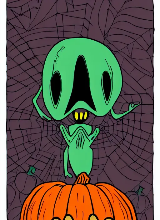 Image similar to an alien with an evil looking pumpkin head, spooky halloween theme, illustration line art style