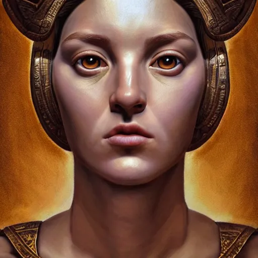 Image similar to hyperrealistic mixed media painting of beautiful goddess Athena, stunning 3d render inspired art by P. Craig Russell and Barry Windsor-Smith, perfect facial symmetry, dim volumetric lighting, 8k octane beautifully detailed render, post-processing, portrait, extremely hyper-detailed, intricate, epic composition, brown brown brown brown eyes, realistic realistic realistic eyes, cinematic lighting, masterpiece, trending on artstation, detailed detailed detailed, masterpiece, stunning