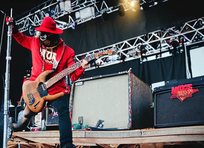 Image similar to photo still of mcgruff the crime dog on stage at vans warped tour!!!!!!!! at age 3 3 years old 3 3 years of age!!!!!!!! shredding on guitar, 8 k, 8 5 mm f 1. 8, studio lighting, rim light, right side key light