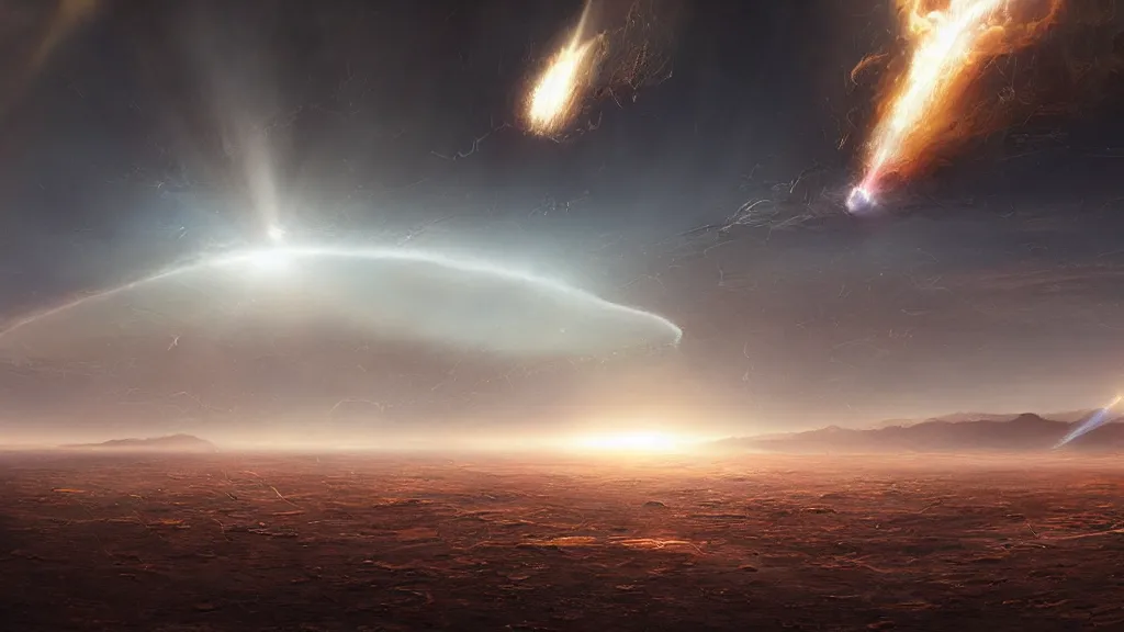 Prompt: The same drop of metal crashes into the ground at great speed, the desert, catastrophic, the sun's rays through the dust, a shock wave, birds and clouds in the sky, art by Jessica Rossier,