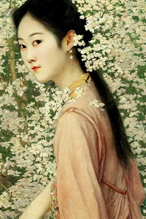 Prompt: close - up fashion asian woman portrait airy flowers clouds art by vasnetsov