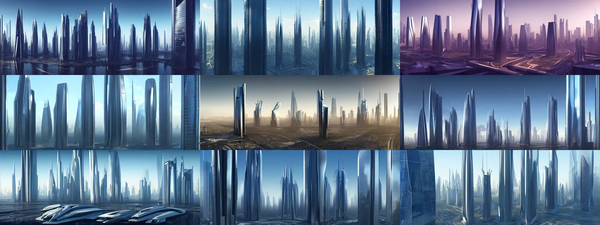 Prompt: skyline of futuristic city in the year 2 1 0 0, with tall glass skyscrapers, by zaha hadid, very detailed, atmospheric, environment concept, futuristic landscape, ultra - futuristic architecture, cinematic, atmospheric, matte painting, movie concept art, hyper - detailed, insanely detailed, corona render, octane render, redshift render