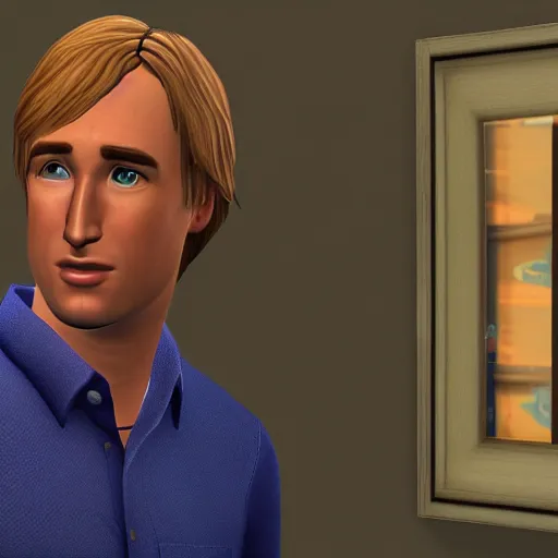 Image similar to a videogame still of Owen Wilson in The Sims 3, portrait, 40mm lens, shallow depth of field, close up, split lighting, cinematic