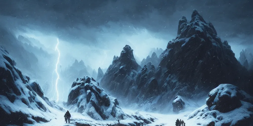 Prompt: snowy mountain trail, craggy peaks at night, lightning sky lit up, style of greg rutkowski, ominous sky, wizard battling a giant, 8 k resolution, intensely detailed oil painting, highly detailed illustration, photorealistic illustration,