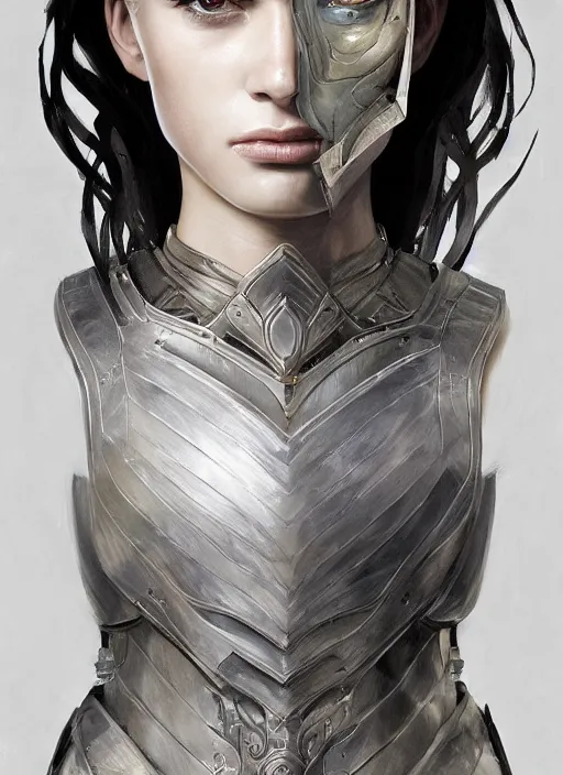 Image similar to a professional photographic portrait of a beautiful young female, clothed in battle armor, exposed waist, olive skin, long dark hair, beautiful bone structure, symmetrical facial features, intricate, elegant, digital painting, concept art, smooth, sharp focus, illustration, from Metal Gear, by Ruan Jia and Mandy Jurgens and Artgerm and William-Adolphe Bouguerea