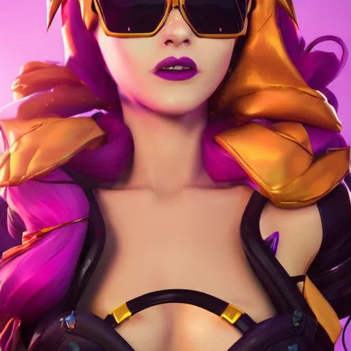 Prompt: still of pretty KDA More Miss Fortune (wild rift) close up in KDA More music video. 3d render, octane render, game art, realistic, highly detailed, trending on artstation, 4k, trending on artstation