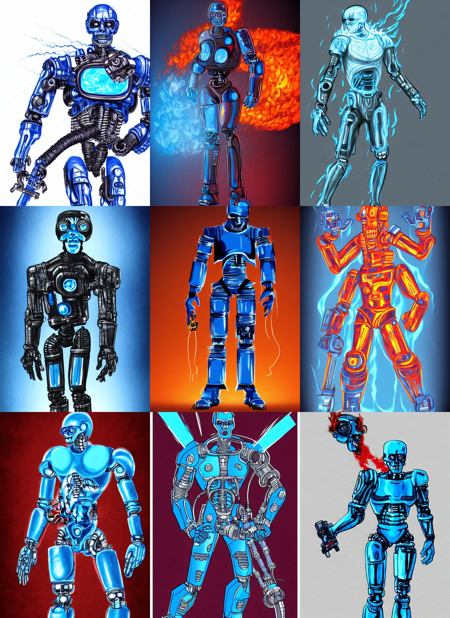 Prompt: full body concept illustration of a retro sci - fi blue humanoid terminator with flames around it