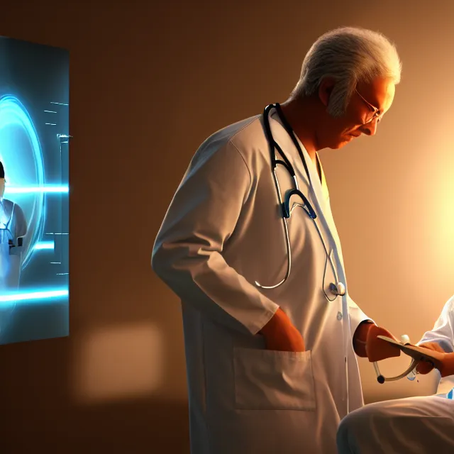 Image similar to temporal leakage temporal leakage movie poster, a photo of a doctor diagnosing a patient highly detailed, octane render by tomino sama