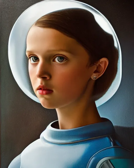 Prompt: a window - lit realistic portrait painting of a thoughtful girl resembling a young, shy, redheaded alicia vikander or millie bobby brown wearing a futuristic reflective spacesuit by a spaceship porthole, highly detailed, intricate, by vermeer