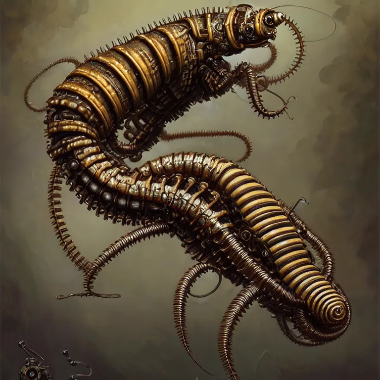 Image similar to steampunk robot millipede, unreal engine realistic render, 8 k, micro detail, intricate, elegant, highly detailed, centered, digital painting, artstation, smooth, sharp focus, illustration, artgerm, tomasz alen kopera, peter mohrbacher, donato giancola, joseph christian leyendecker, wlop, boris vallejo