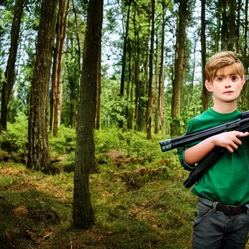 Prompt: in a background green forest, in foreground boy with shotgun, 8 k