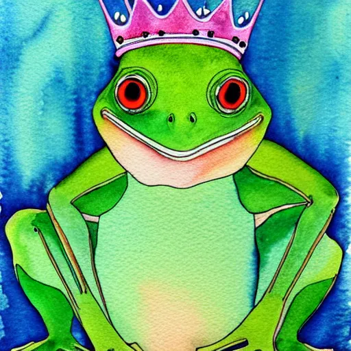 Image similar to beautiful watercolor painting of a frog wearing a crown in swamp