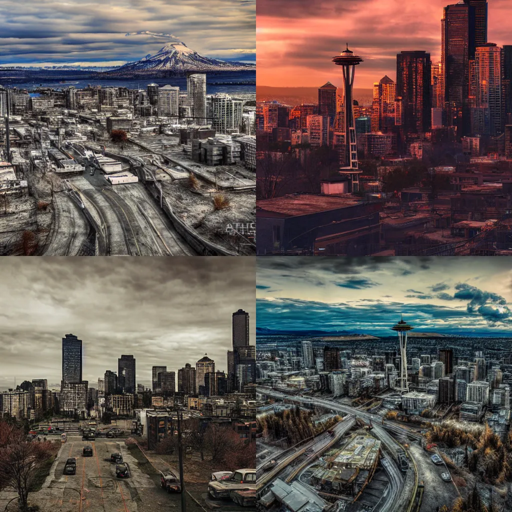 Prompt: post-apocalyptic Seattle , realistic photograph, cinematic, 4k, hd