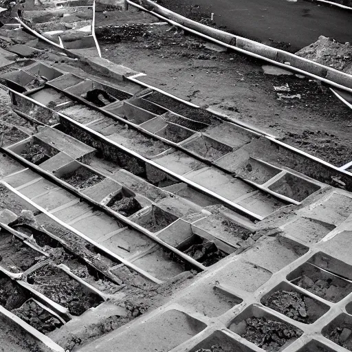 Image similar to a limbo world consisting of concrete uncanny brutalism and labyrinths of rubble and drainage grates, white sky, sand patches