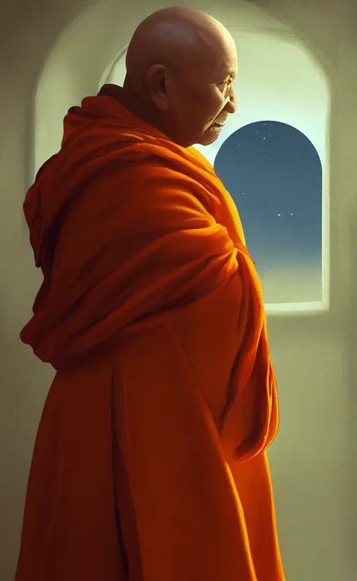 Image similar to portrait of an old monk, spaceship window, planet, orange robe, dramatic lighting, artstation, matte painting, johannes vermeer