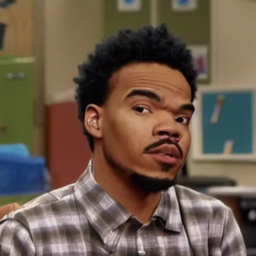 Image similar to a tv still of Chance The Rapper starring as a black college student at Jones College Prep in a 1993 sitcom