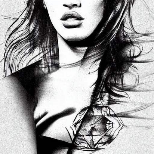 Image similar to tattoo design sketch with double exposure effect, megan fox face blended with beautiful mountain scenery, in the style of matteo pasqualin, amazing detail, mash up