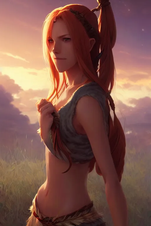 Image similar to long ginger hair, tanned woman in a prehistoric outfit, green eyes, fang necklace, by artgerm, hair tied in a ponytail, white backdrop, soft lighting, night time, by greg rutkowski makoto shinkai takashi takeuchi