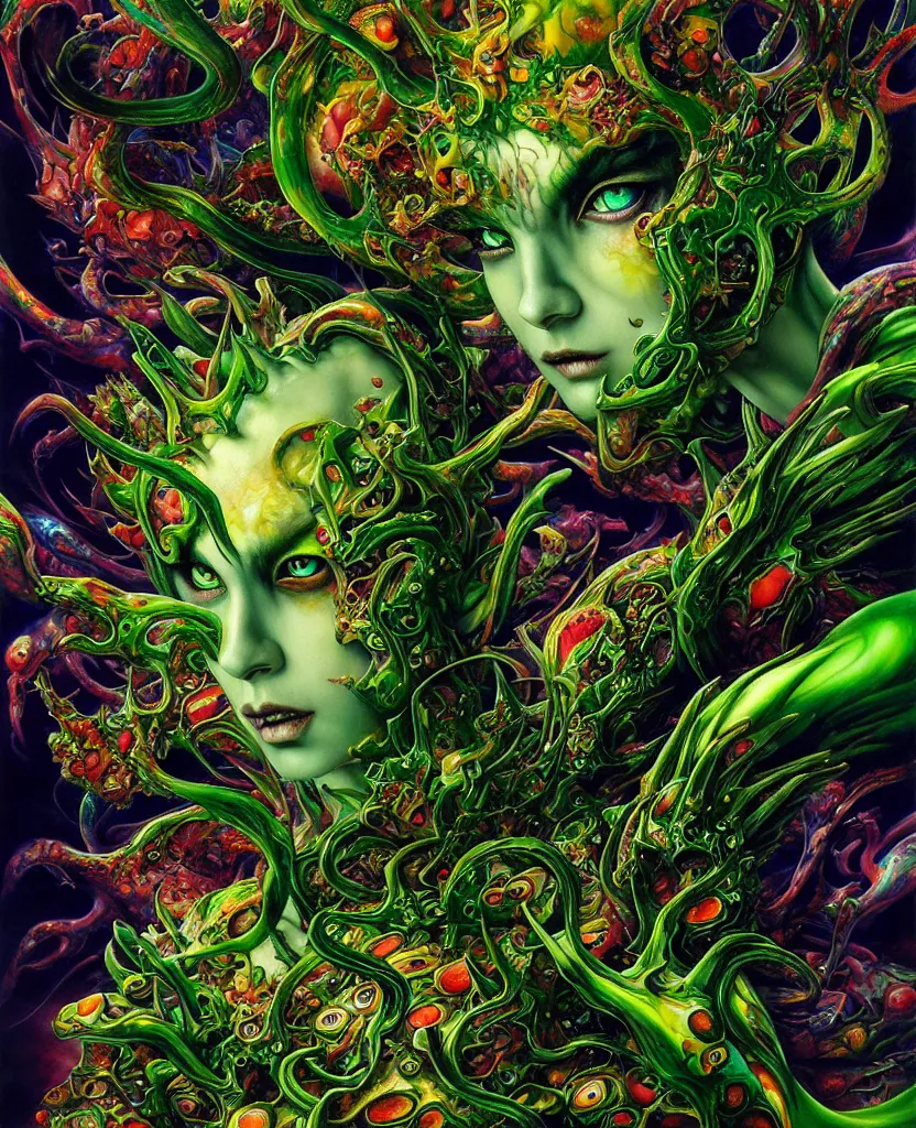 Image similar to realistic detailed image of green mega god of chaos, depth perception, depth of field, action horror by lisa frank, ayami, karol bak, neo - gothic, gothic, rich deep colors, part by adrian ghenie and gerhard richter. art by yoshitaka amano. masterpiece