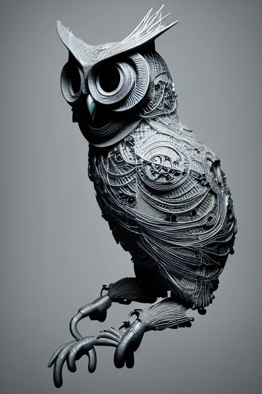 Image similar to complex 3 d render ultra detailed of a beautiful porcelain profile of a mechanical owl made of iron, cable wires, microchip, elegant, hyper realistic, ultra detailed, octane render, jamie hewlett style, volumetric lighting, 8 k post - production