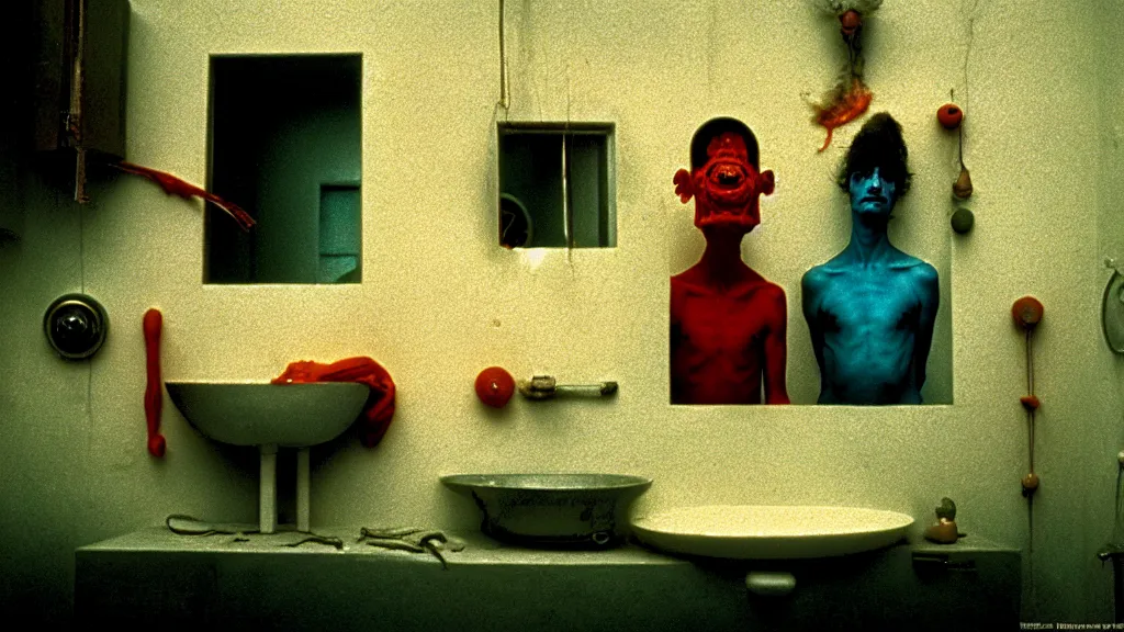 Image similar to the strange creature in the sink, they look at me, film still from the movie directed by wes anderson and david cronenberg with art direction by salvador dali and zdzisław beksinski, wide lens