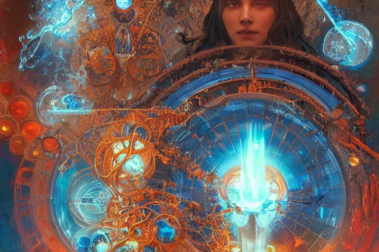 Prompt: arcs of blue flame intertwined with water, glinting particles of ice, dramatic lighting, steampunk, bright neon, holographic secret cyphers, red flowers, solar flares, intricate art by alphonse mucha and greg rutkowski