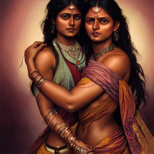 Image similar to portrait painting of dark muscular indian women hugging from behind, ultra realistic, concept art, intricate details, eerie, highly detailed, photorealistic, octane render, 8 k, unreal engine. art by artgerm and greg rutkowski and alphonse mucha