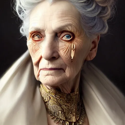 Prompt: portrait painting of an extremely fancy elderly woman with a devious expression, gaslamp fantasy, victorian, ultra realistic, concept art, intricate details, eerie, highly detailed, photorealistic, octane render, 8 k, unreal engine. art by artgerm and greg rutkowski and charlie bowater and magali villeneuve and alphonse mucha